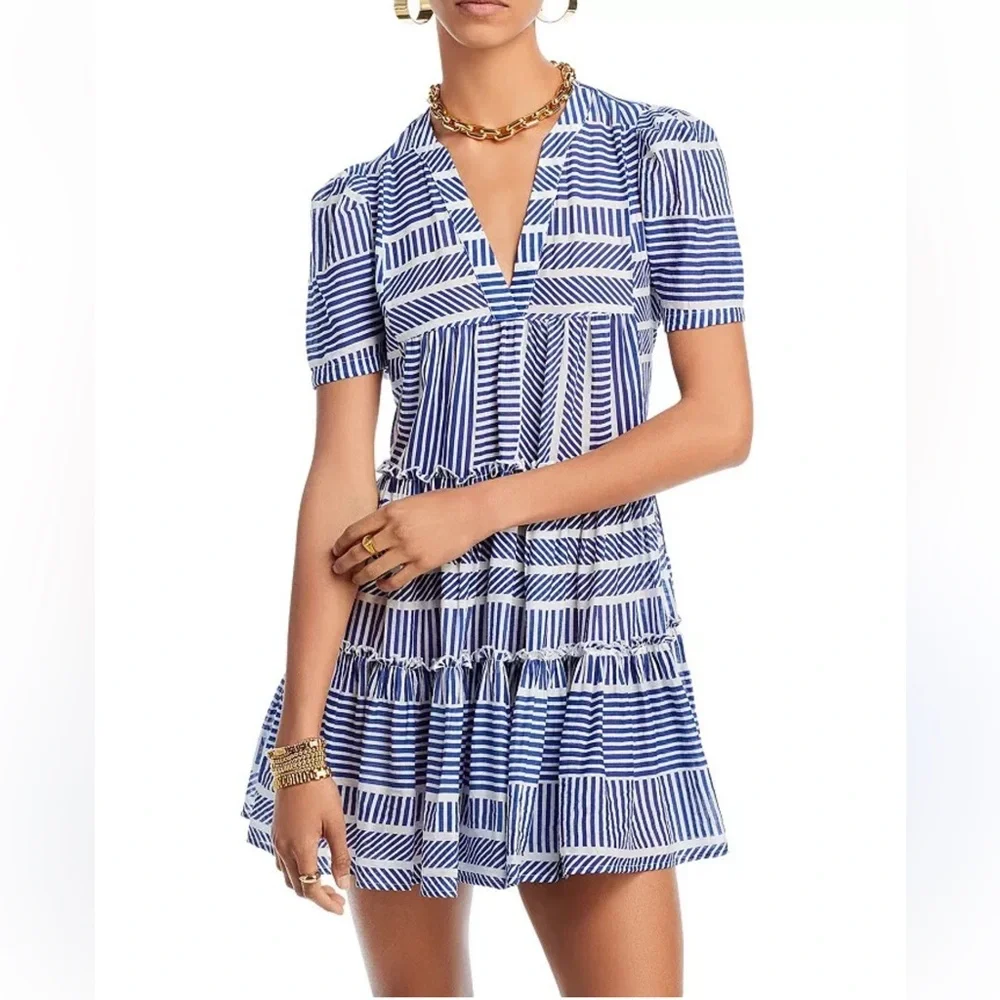 Aqua puff sleeve Striped Blue and White Mini Dress - Picture 1 of 4